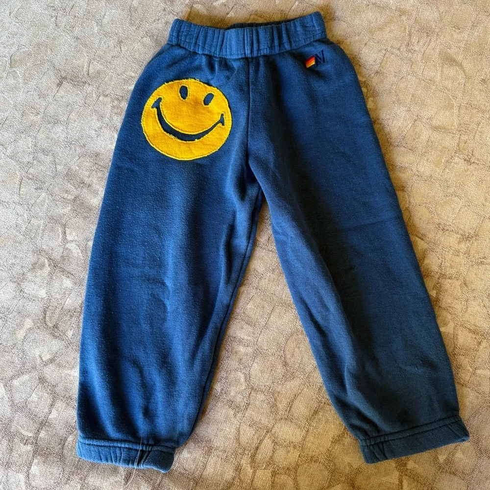 Aviator Nation Kids Blue Joggers with Smiley Face and Stripped Blue Hoodie Set - Picture 12 of 16
